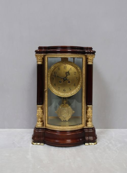 French Belle Epoque Mahogany Four Glass Mantel Clock by Japy Freres