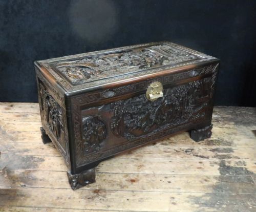 Early 20th Century Oriental Carved Teak and Camphor Wood Chest