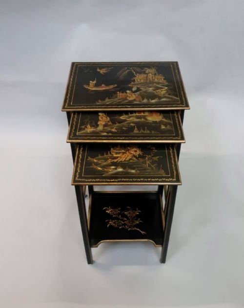 Edwardian Japanned Chinoiserie Nest of Three Tables