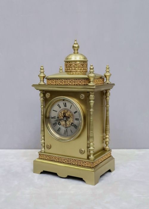 French Belle Epoque Decorative Brass Mantel Clock by Japy Freres