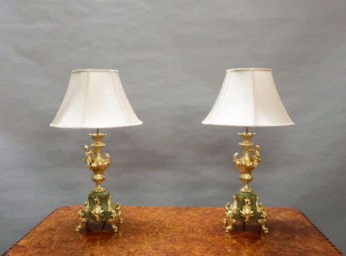 Pair of French Louis Xv Style Gilt and Onyx Table Lamps