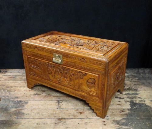 Early 20th Century Oriental Carved Maple and Camphor Wood Chest