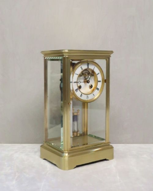 French Belle Epoque Brass Four Glass Mantel Clock