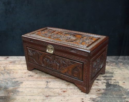 Early 20th Century Oriental Carved Camphor Wood and Maple Chest