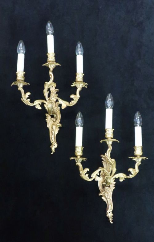 Pair of French Rococo Style Bronze Gilt Wall Lights