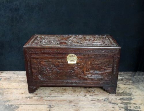 Early 20th Century Oriental Carved Camphor Wood Storage Chest