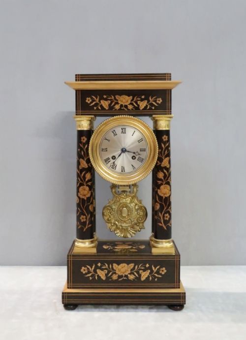 French Ebonised and Inlaid Portico Mantel Clock by Leroy