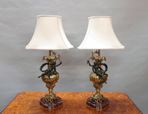 Impressive Pair of French Belle Epoque Bronze and Gilt Table Lamps