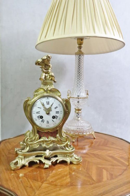 French Brass & Gilt Rococo Style Mantel Clock by Samuel Marti