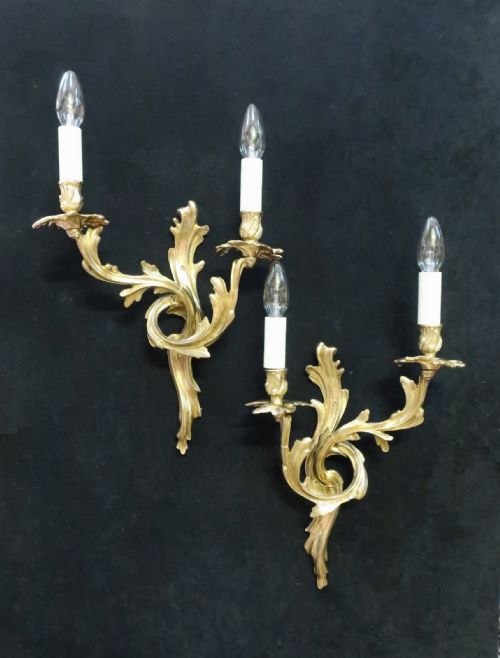 Pair of French Gilt Brass Rococo Style Wall Lights