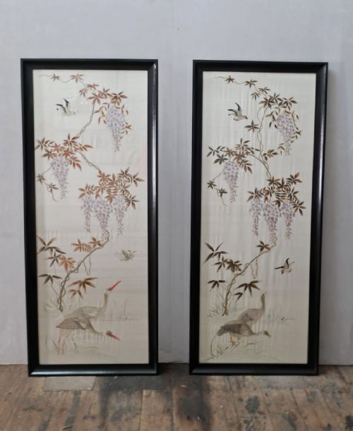 Large Pair of Chinese Chinoiserie Silk Embroidered Pictures
