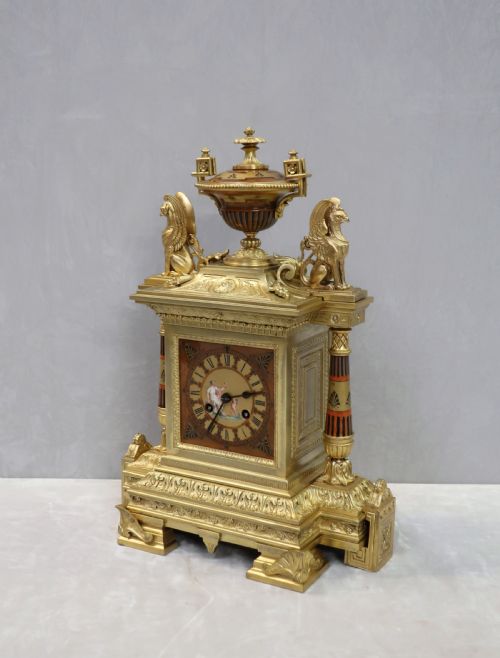 fig 1. FRENCH EGYPTIAN REVIVAL BRONZE GILT MANTEL CLOCK BY ACHILLE BROCOT