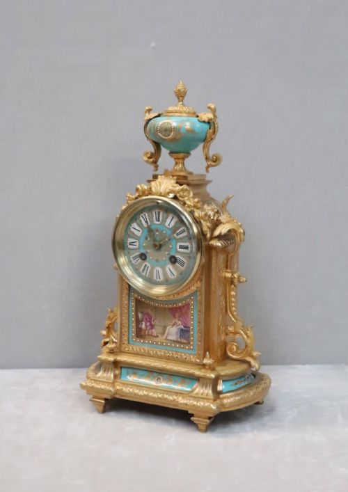 fig 1. FRENCH BRONZE GILT & PORCELAIN MANTEL CLOCK
