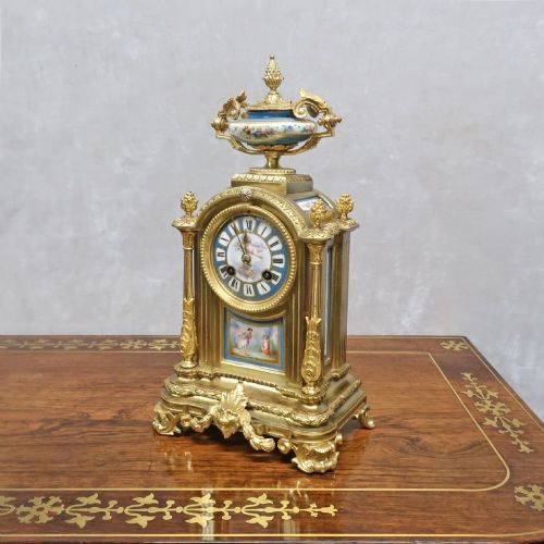 French Bronze Gilt & Porcelain Mantel Clock by Japy Freres
