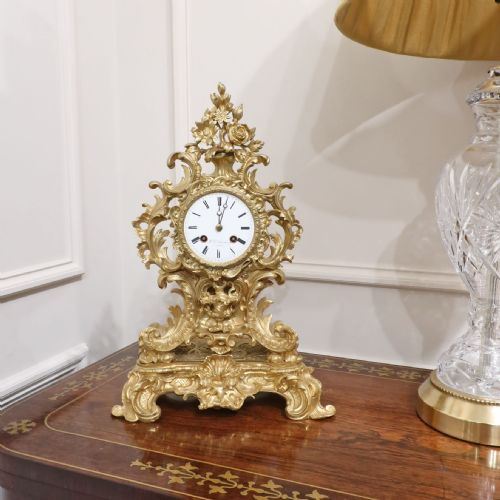 French Bronze Gilt Rococo Style Mantel Clock by Vincenti