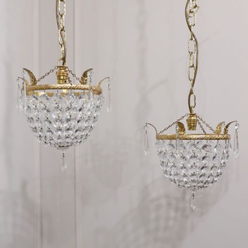 Pair of Italian Art Deco Crystal Glass Pendant Ceiling Lights