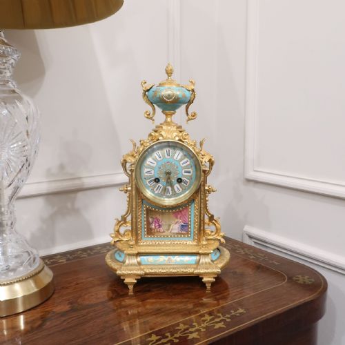 French Bronze Gilt & Porcelain Mantel Clock