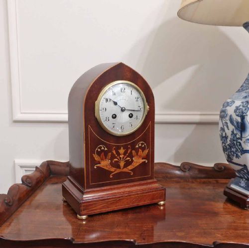 French Mahogany & Marquetry Mantel Clock by Japy Freres
