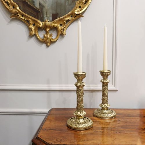 Pair of French Decorative Bronze Gilt Candlesticks