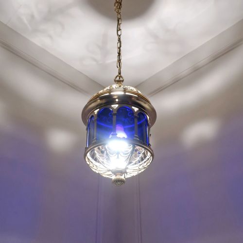 fig 1. Victorian Brass & Bristol Blue Glass Antique Hall Lantern
