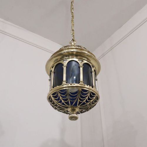 fig 2. Victorian Brass & Bristol Blue Glass Antique Hall Lantern