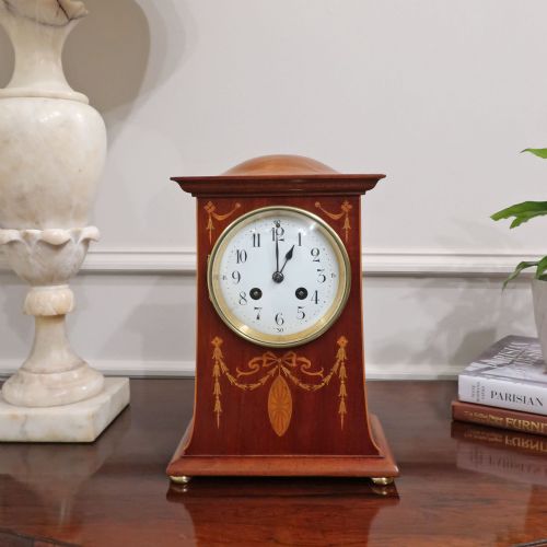 French Art Nouveau Mahogany Inlaid Mantel Clock