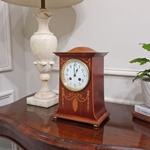 fig 1. French Art Nouveau Mahogany Inlaid Mantel Clock