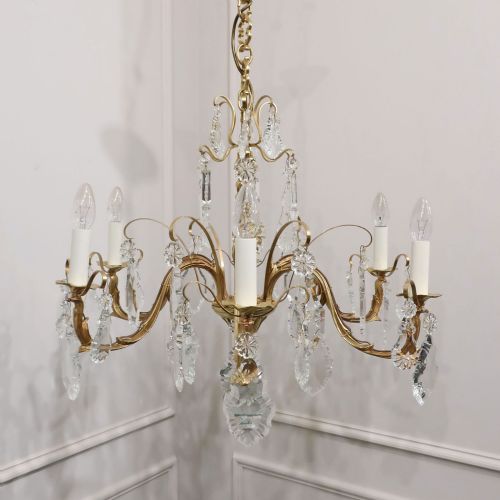 French Brass & Crystal Glass Chandelier