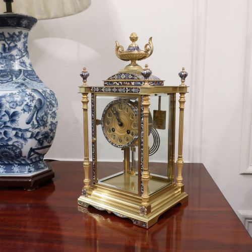 fig 1. French Four Glass, Champleve & Brass Mantel Clock