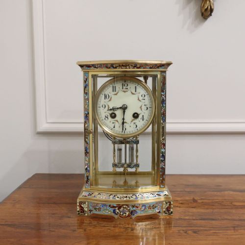 fig 1. French Champleve Four Glass Mantel Clock