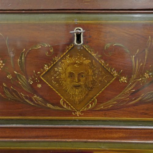 fig 1. A tall Georgian mahogany chest on chest with hand-painted polychrome panels, brass handles, and bracket feet.