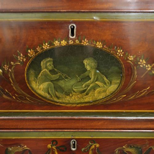 fig 2. A tall Georgian mahogany chest on chest with hand-painted polychrome panels, brass handles, and bracket feet.