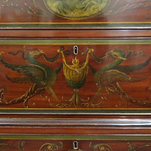 fig 3. A tall Georgian mahogany chest on chest with hand-painted polychrome panels, brass handles, and bracket feet.