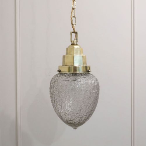ART DECO CRACKLE GLASS AND BRASS PENDANT LIGHT