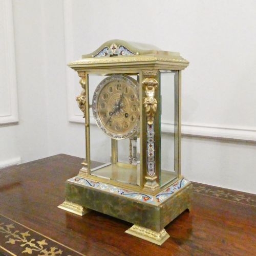 FRENCH ONYX CHAMPLEVE FOUR GLASS MANTEL CLOCK - ADDITIONAL PHOTO 1