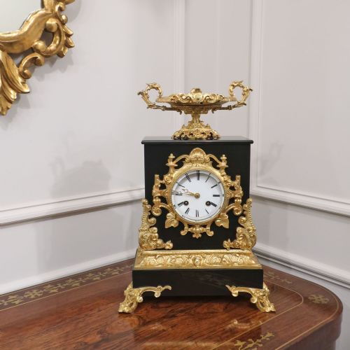 FRENCH ROCOCO STYLE SLATE BRONZE MANTEL CLOCK BY JAPY FRERES