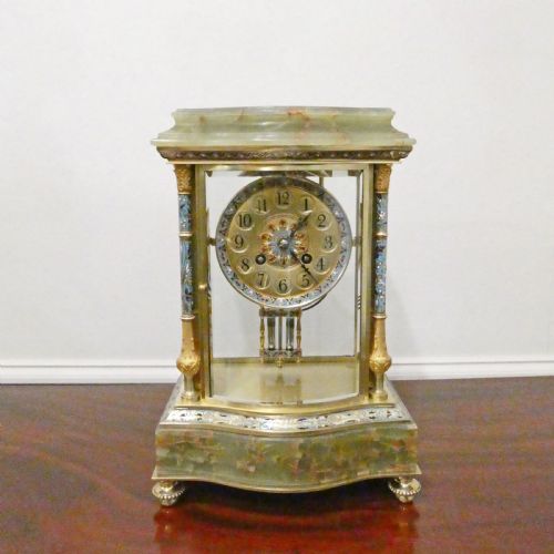 French Onyx & Champleve Four Glass Mantel Clock by Samuel Marti