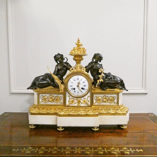 French Louis Xvi Style Bronze & Marble Mantel Clock by Vincenti