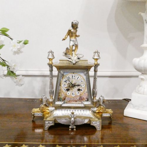 French Egyptian Revival Brass & Silver Gilt Mantel Clock by Richard Et Cie