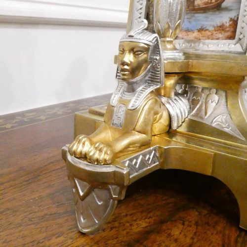fig 3. French Egyptian Revival Brass & Silver Gilt Mantel Clock by Richard et Cie