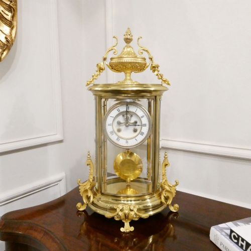 French Gilt Bronze & Brass Four Glass Mantel Clock by Samuel Marti
