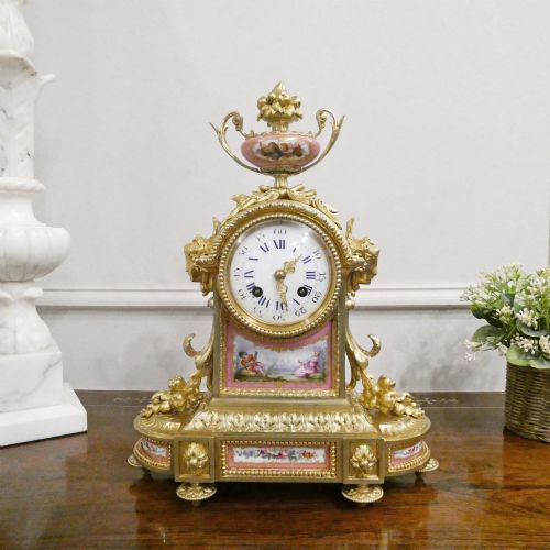 French Louis Xvi Style Gilt Bronze & Porcelain Mantel Clock by Japy Freres