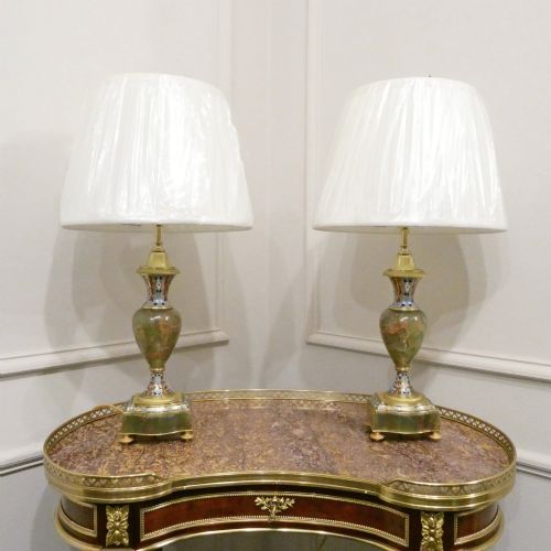 Pair of French Onyx & Champleve Table Lamps