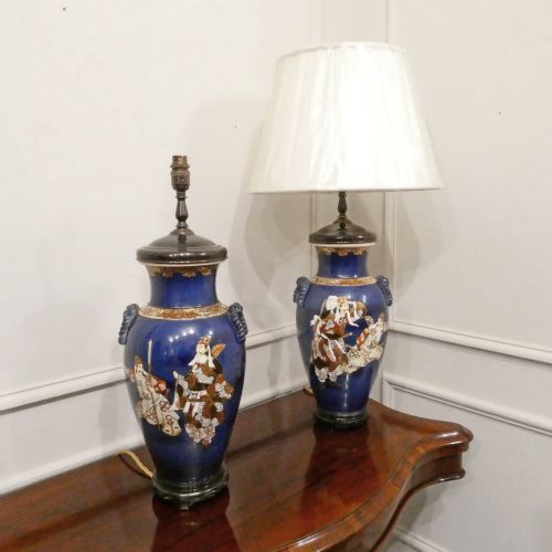 Pair of Japanese Meiji Period Satsuma Porcelain Table Lamps