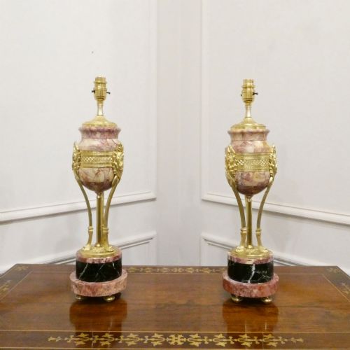Pair of French Marble & Gilt Bronze Cassolette Table Lamps