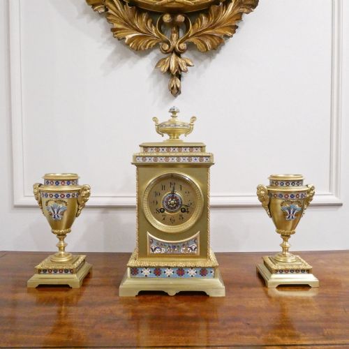 French Brass & Champleve Clock Set by Samuel Marti
