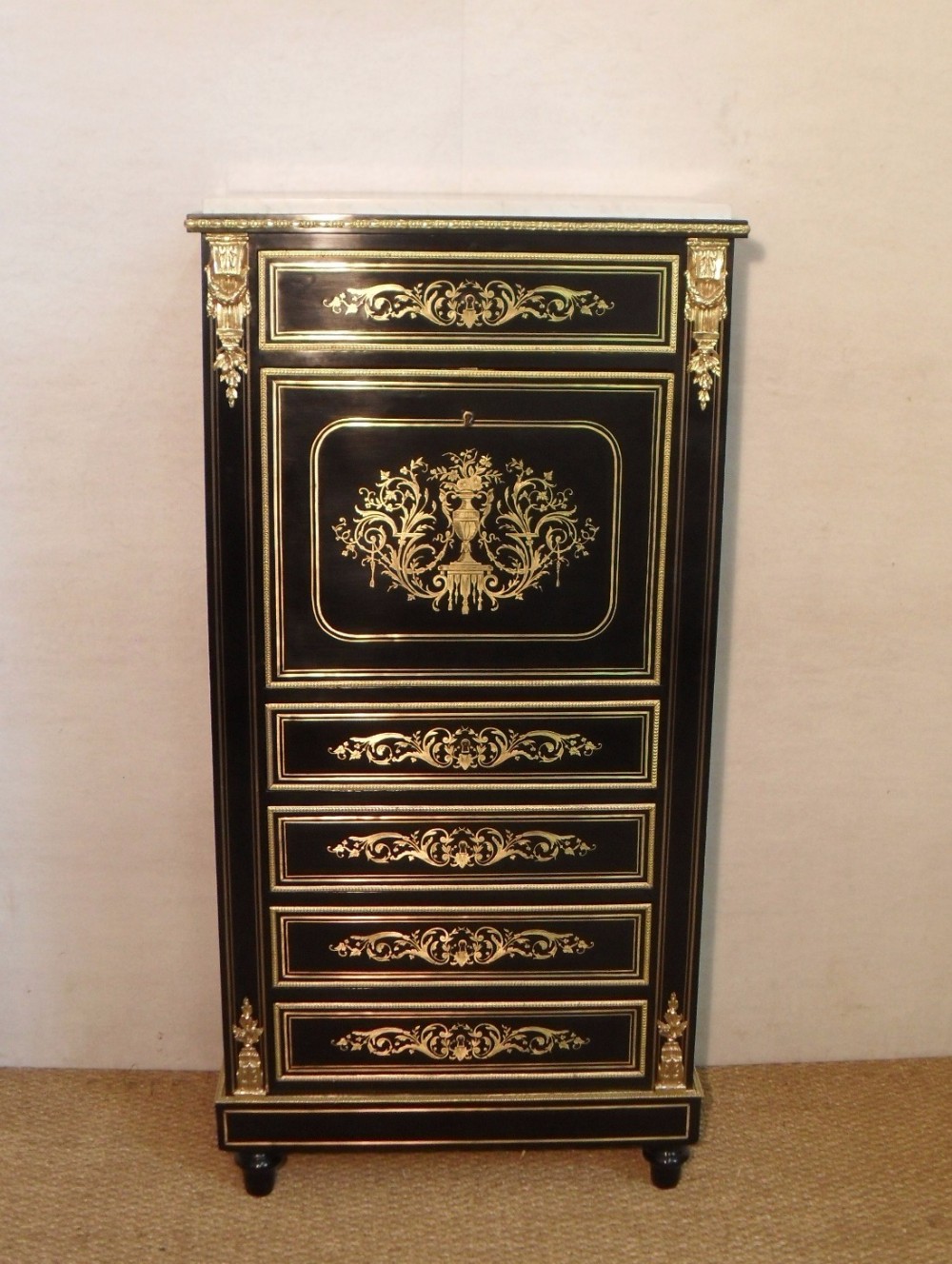 French Brass Inlaid Escritoire Writing Cabinet