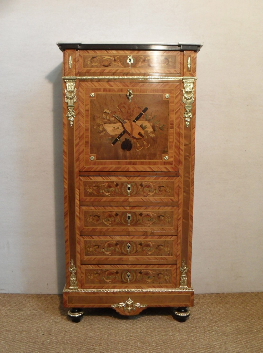 French 19th Century Marquetry Inlaid Escritoire Writing Cabinet