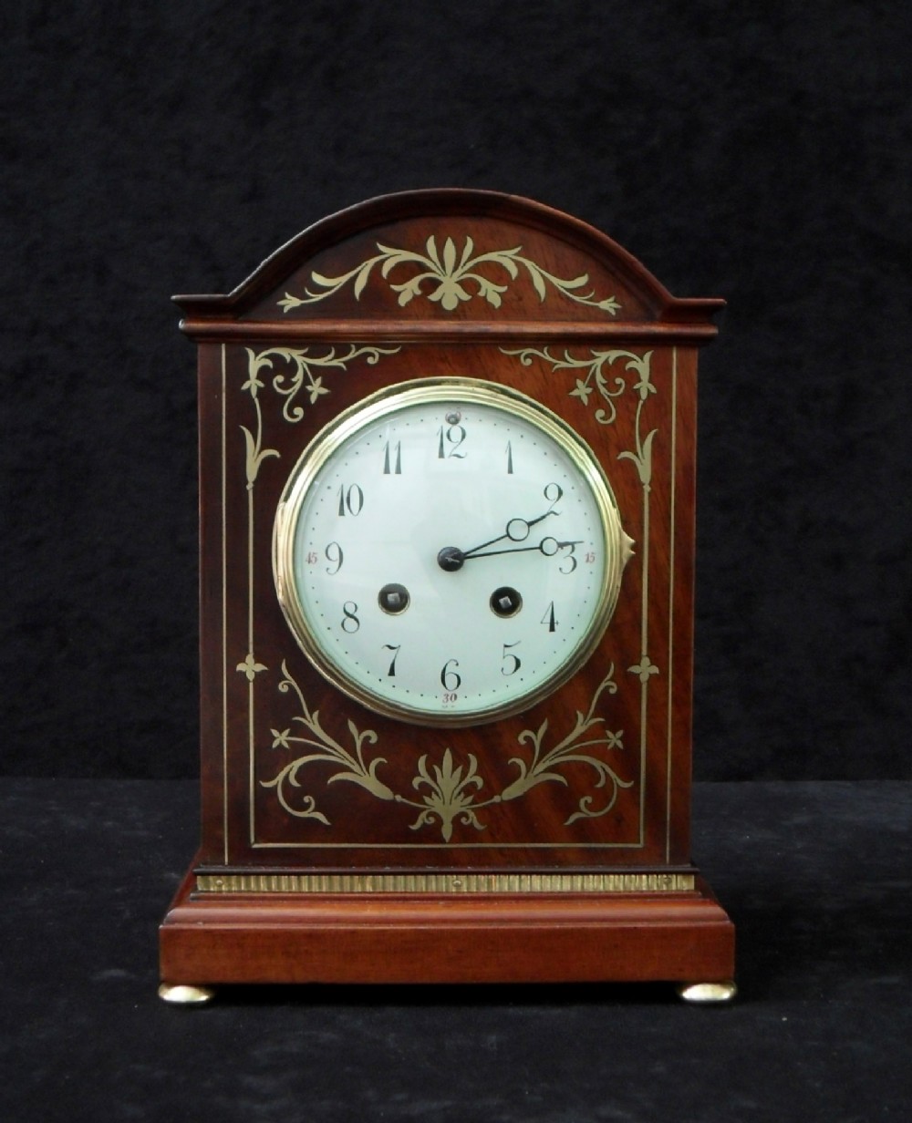 French Belle Epoque Brass Inlaid Mantel Clock