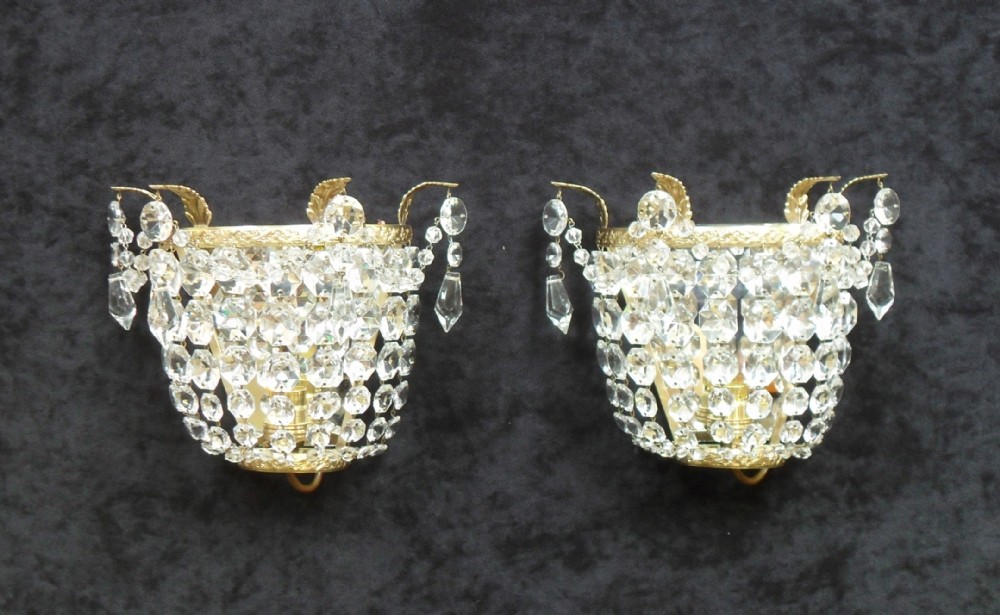 Pair of Art Deco Crystal Glass Basket Wall Lights